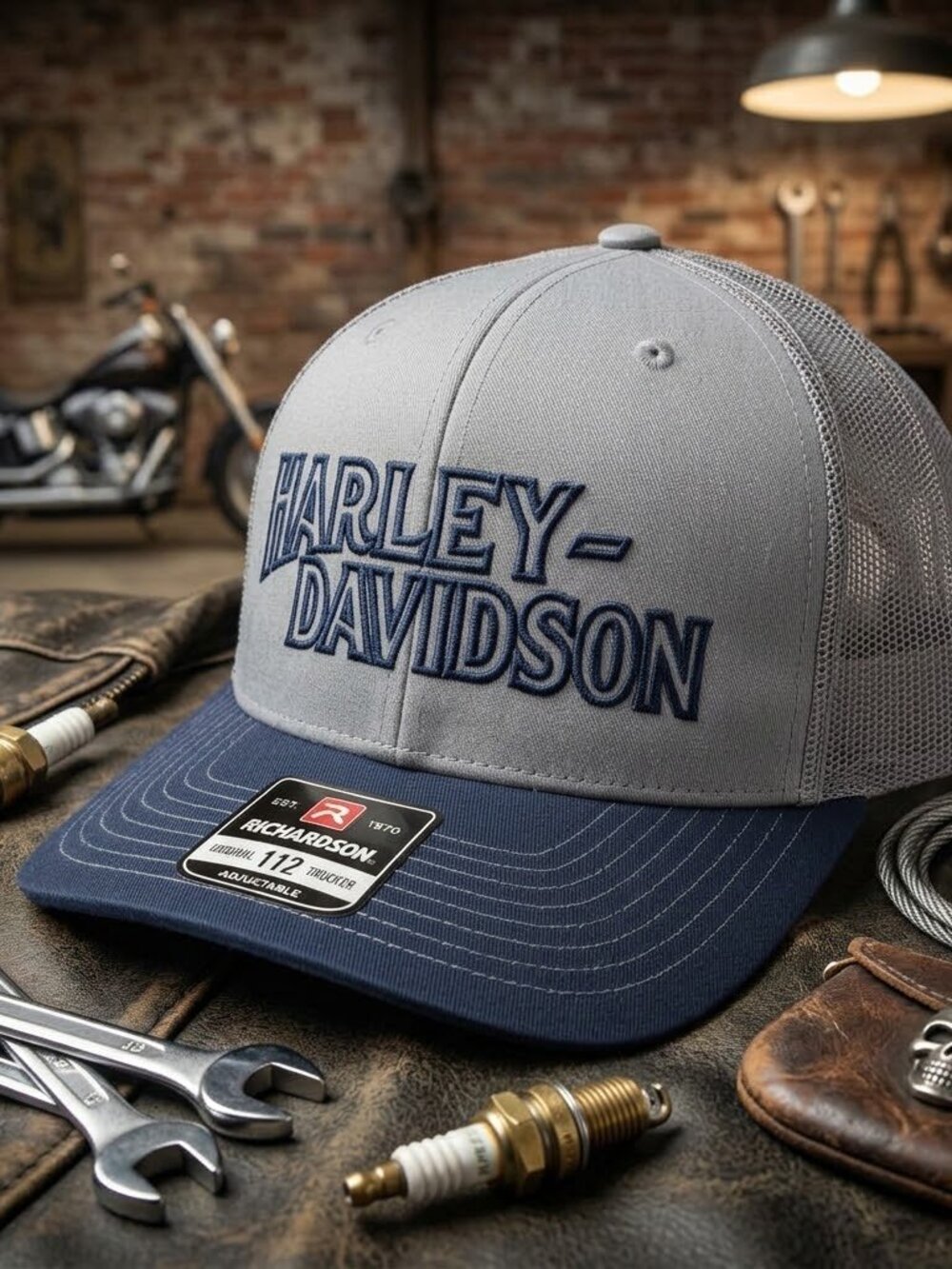 Retro Harley Davidson Hat Navy Script Grey Richardson 112 Snapback Cap USA New
